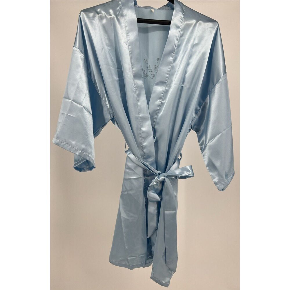 Satin Blue Bride Rhinestone Silk Bath Robe - Picture 6 of 9